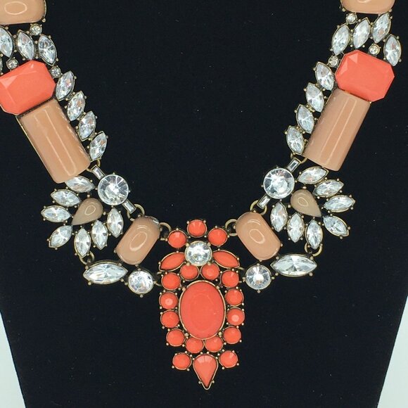 Statement Necklace Gold Tone Coral, Tan, and Rhinestone Bib Chunky Glam Jewelry - Picture 2 of 9